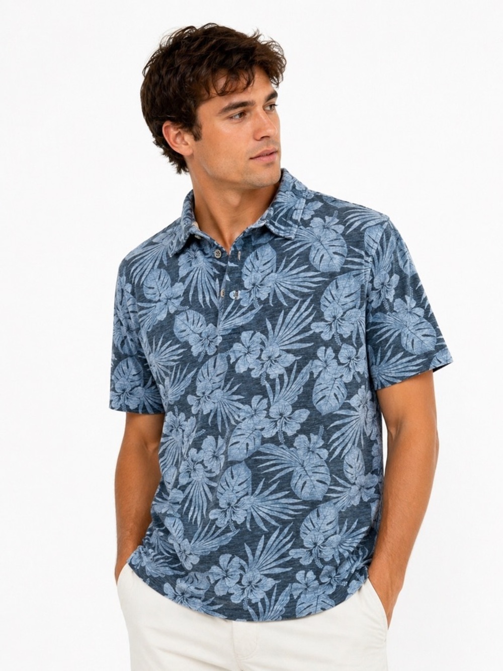 Falls Creek Men’s Tropical Floral Polo Shirt Blue Cotton Size Medium